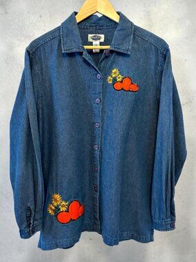 VTG Pumpkin Denim Shirt L Embroidered Fall Harvest Autumn Button Up Grandma Core